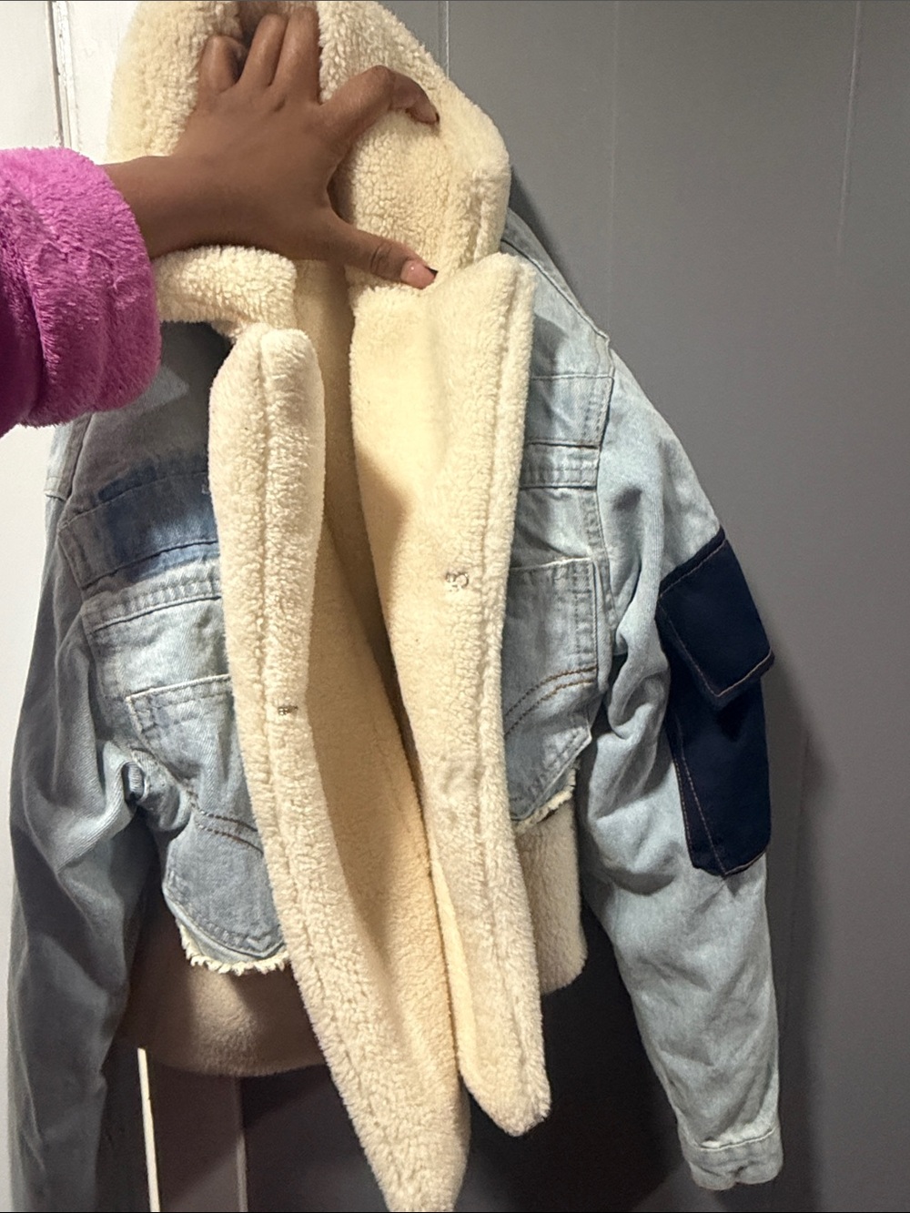 Light Blue Denim Sherpa-Lined Jacket with Cream Lining